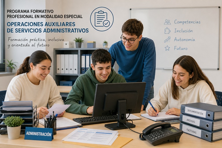 Alumnado del Programa Formativo Profesional de Operaciones Auxiliares de Servicios Administrativos trabajando en una oficina