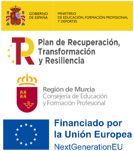 Logotipos: Gobierno de España, Plan de Recuperación, Transformación y Resiliencia, Región de Murcia y Financiado por la Unión Europea NextGenerationEU