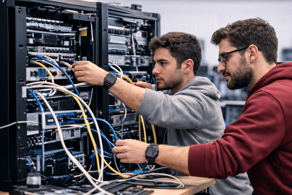 Alumnado trabajando con redes y cableado en un armario de comunicaciones