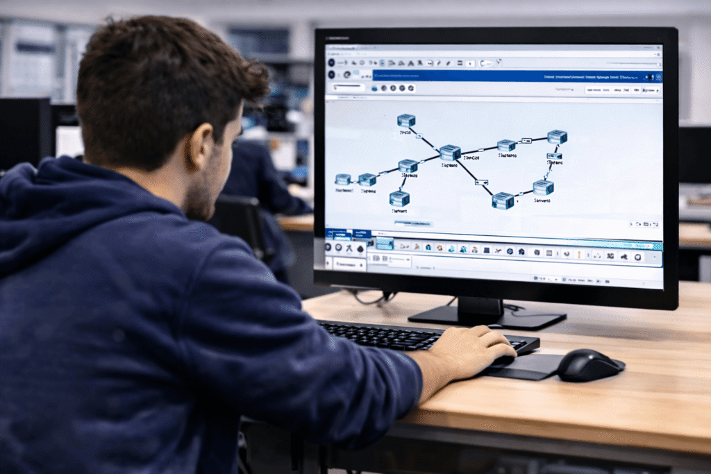 Alumnado trabajando con redes y topologías