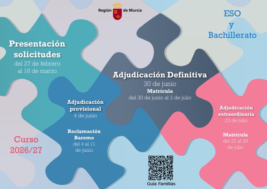 Cartel con el calendario del proceso de admisión a ESO y Bachillerato 2026/2027